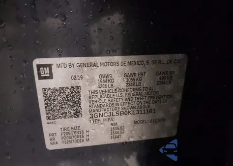 2019 Chevrolet Trax Lt z USA, uszkodzony, nr VIN 3GNCJLSB0KL311161